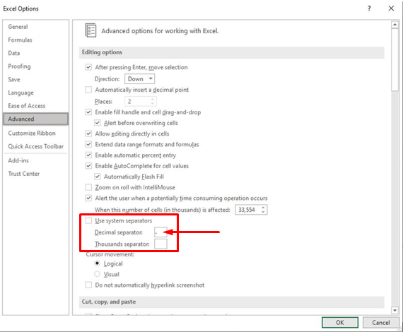 option Excel decimal separator